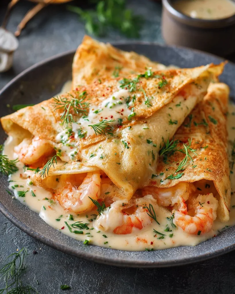 Delicious seafood crepes with béchamel sauce served on a plate