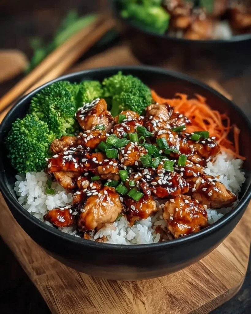 A delicious bowl of teriyaki chicken served over rice with vegetables