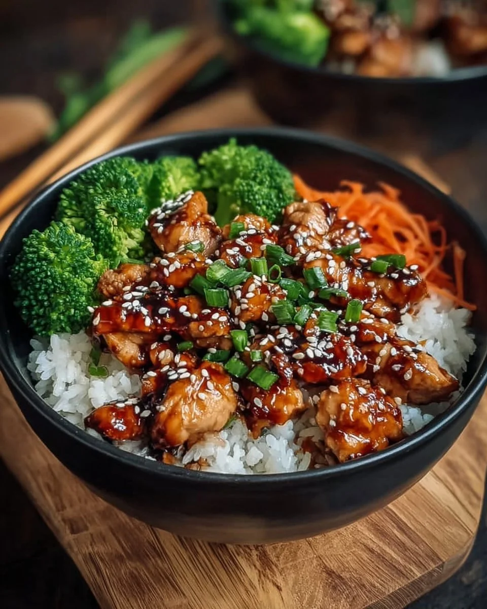 A delicious bowl of teriyaki chicken served over rice with vegetables