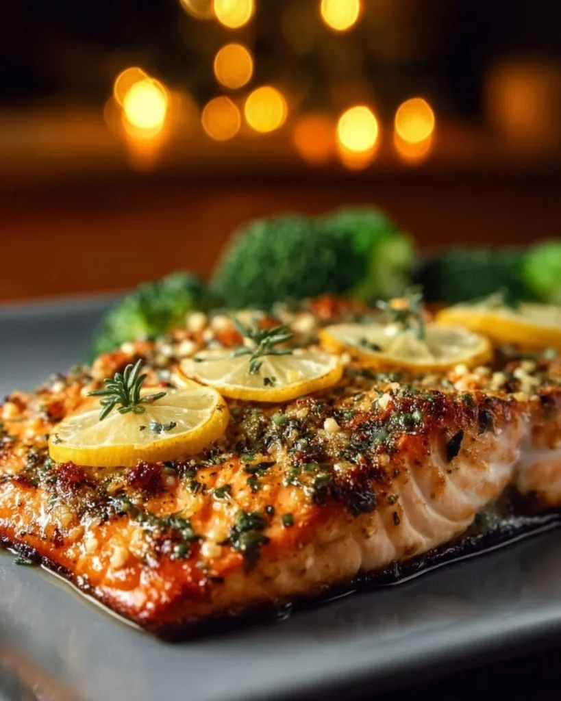 Oven-baked salmon served on a plate with herbs and lemon