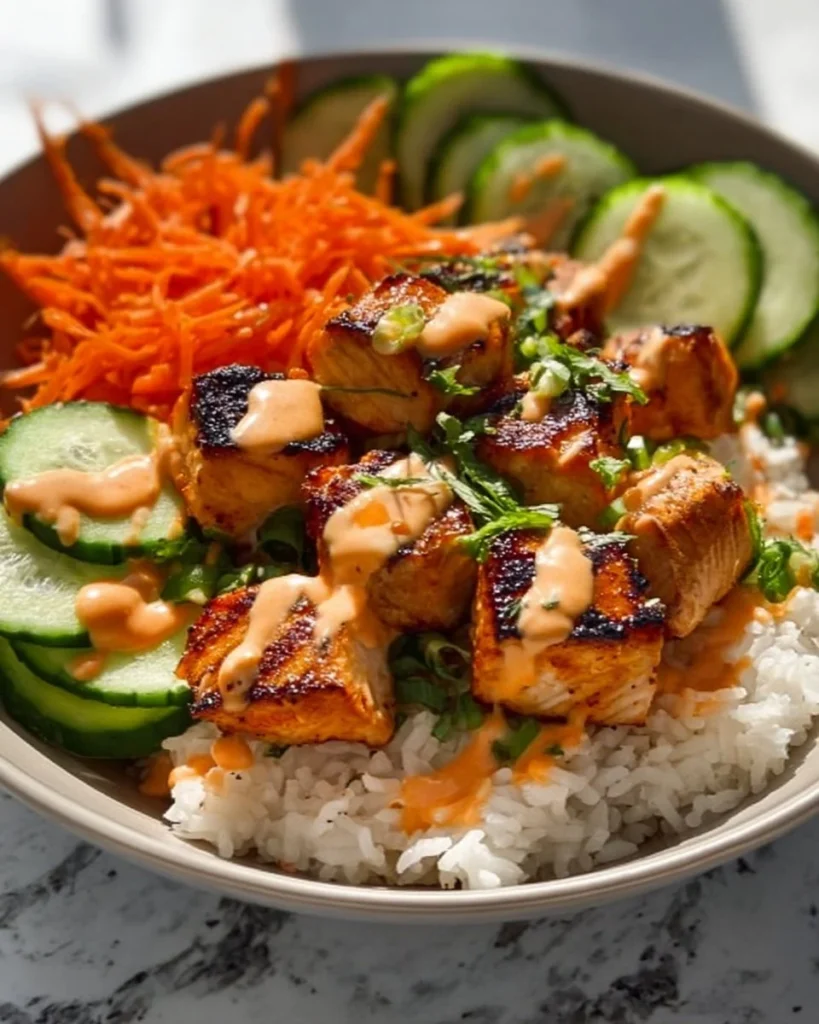 Delicious Bang Bang Salmon Bowls served with rice and drizzled with sauce