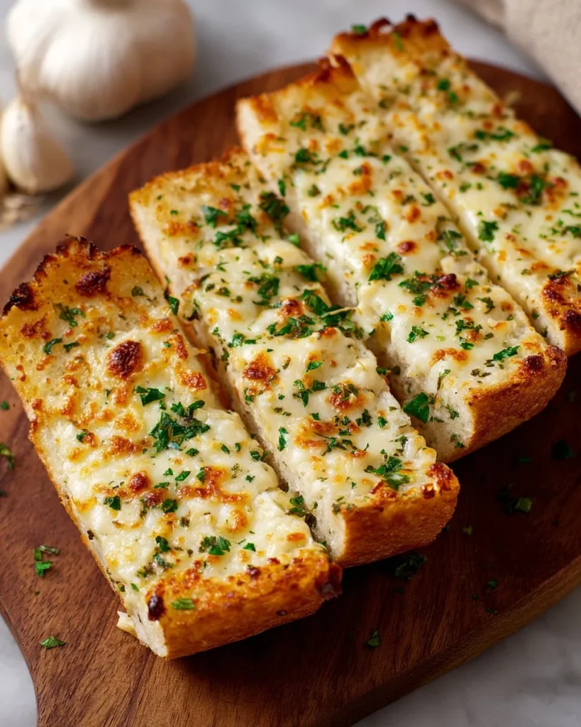 Three Cheese Garlic Bread topped with fresh garlic and herbs