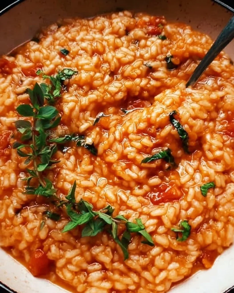 Delicious Tomato Basil Risotto made with fresh basil and tomatoes, halal and wine-free.
