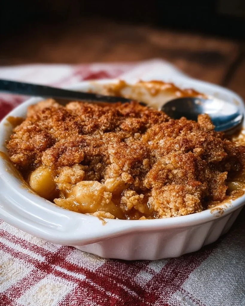 Delicious slice of ultimate apple crumble dessert topped with ice cream