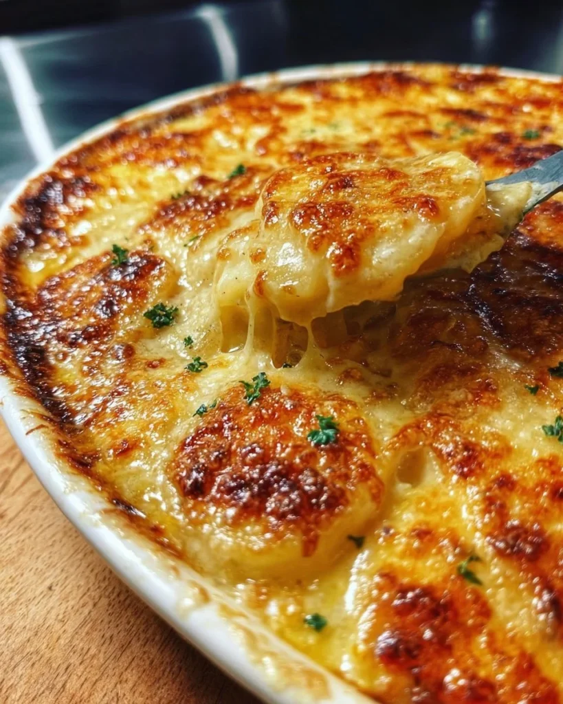 Delicious cheesy garlic scalloped potatoes baked to perfection