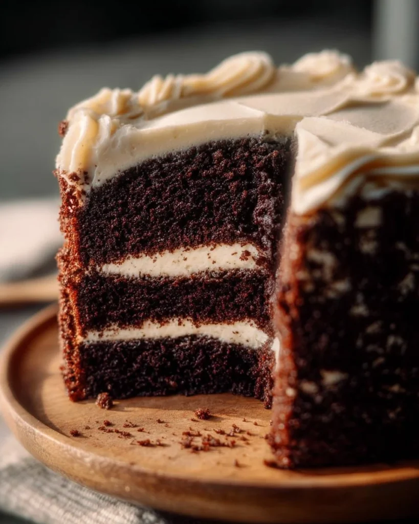 Delicious ultimate chocolate cake with vanilla buttercream frosting on a plate.