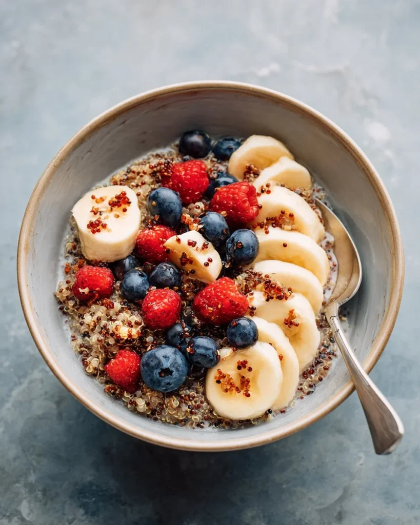 Bowl of Vanilla Bean Breakfast Quinoa topped with fresh berries