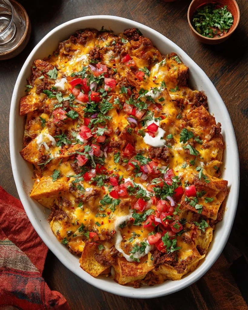 Delicious Walking Taco Casserole served in a bowl with toppings