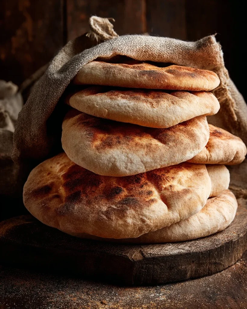 Freshly baked whole wheat pita bread on a wooden board