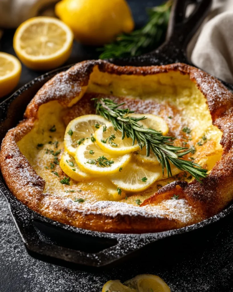 Fluffy Zesty Lemon Dutch Baby served with powdered sugar and lemon slices