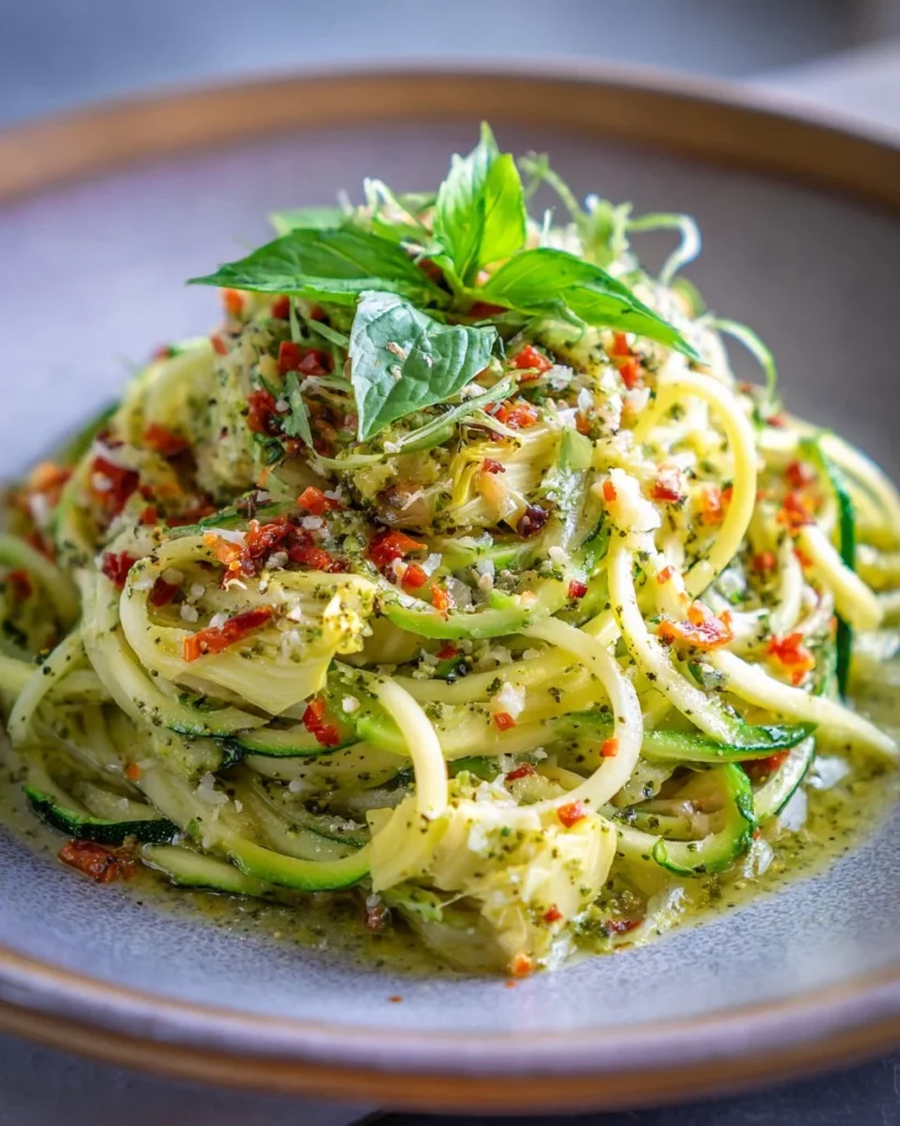 Plate of zoodles topped with artichoke lemon pesto and garnished with herbs