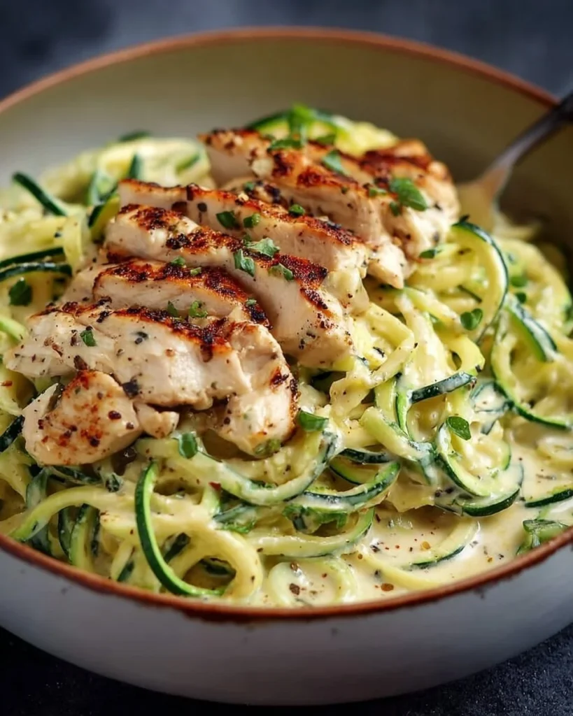 Creamy zucchini noodle chicken alfredo dish with fresh ingredients