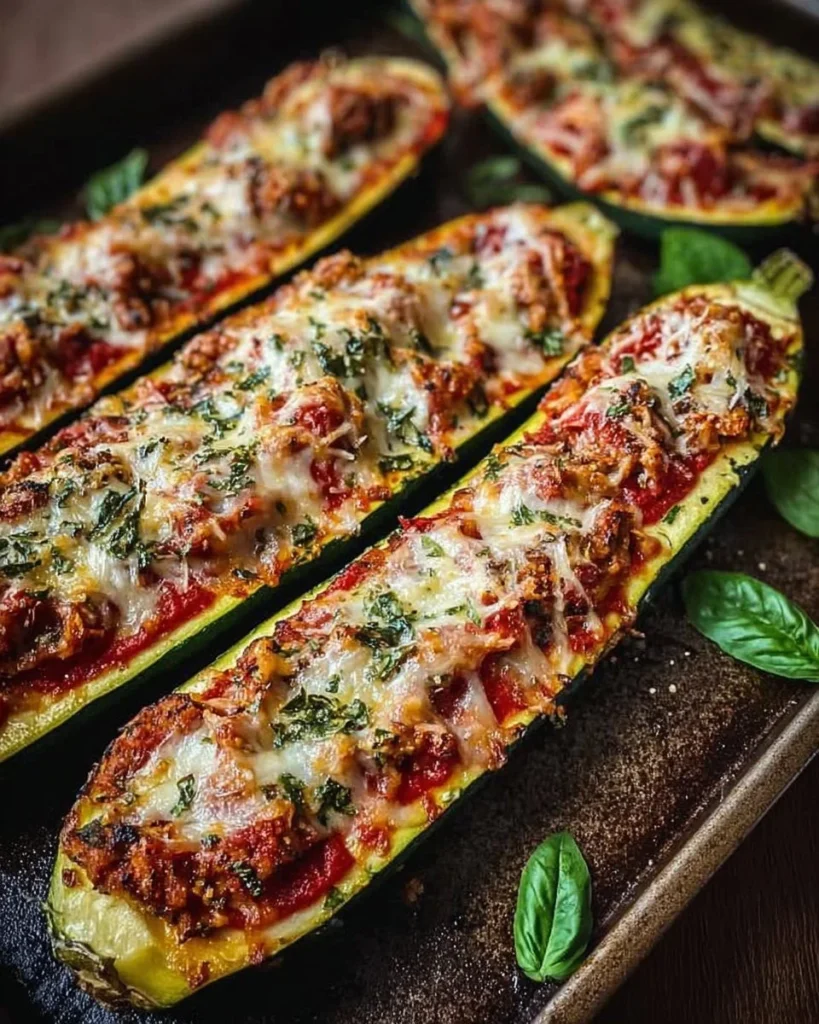 Zucchini pizza boats filled with cheese and toppings ready to be served.