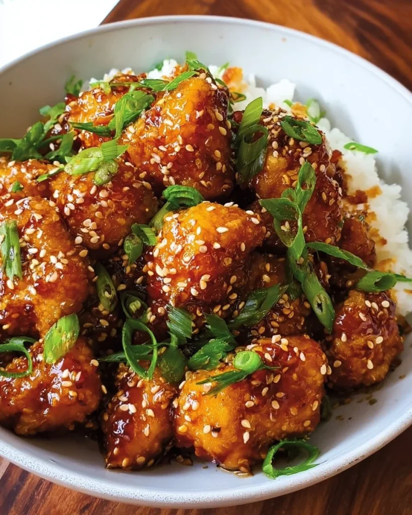 Delicious Air Fryer Honey Sesame Chicken served with sesame seeds and green onions.