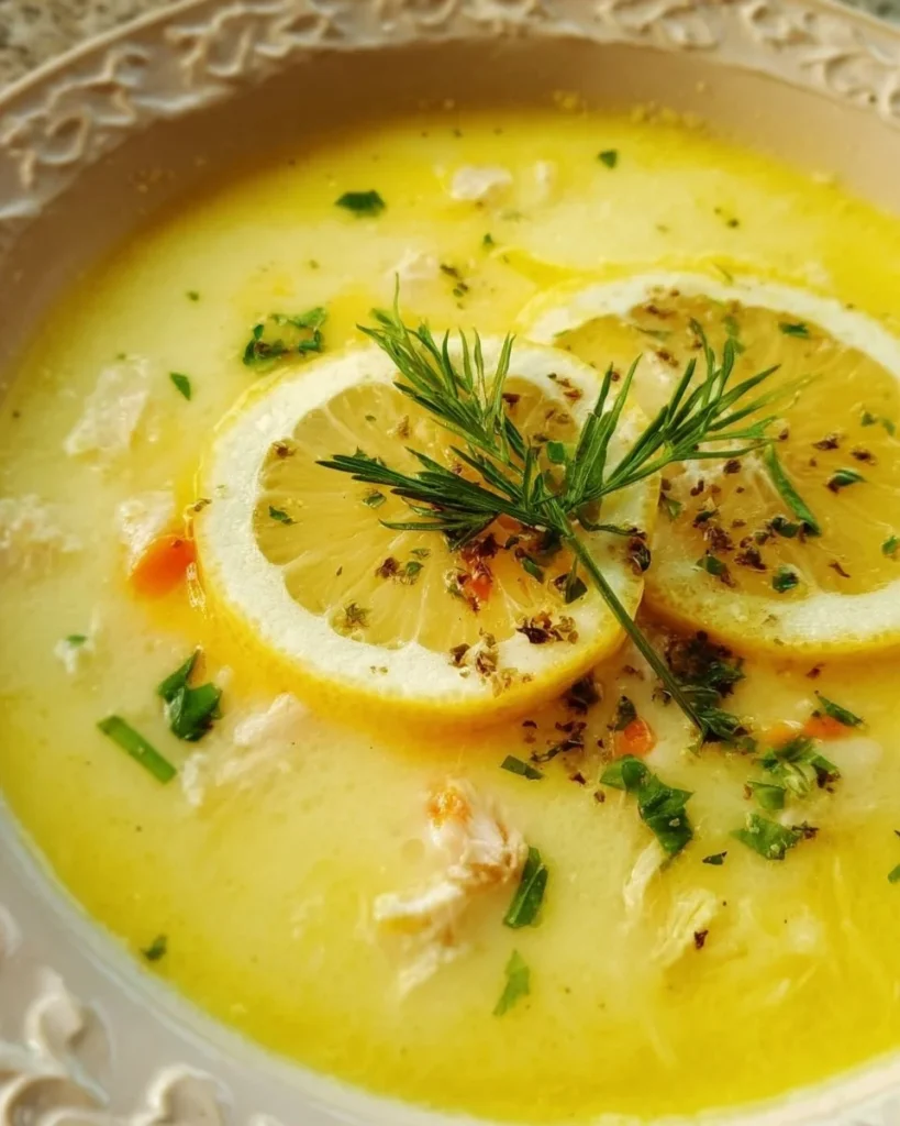 Bowl of traditional Avgolemono Soup with egg and lemon, garnished with fresh herbs.