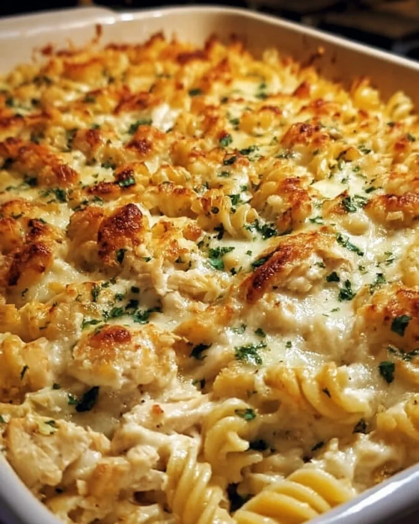Baked Chicken Alfredo Rotini Casserole topped with cheese and parsley