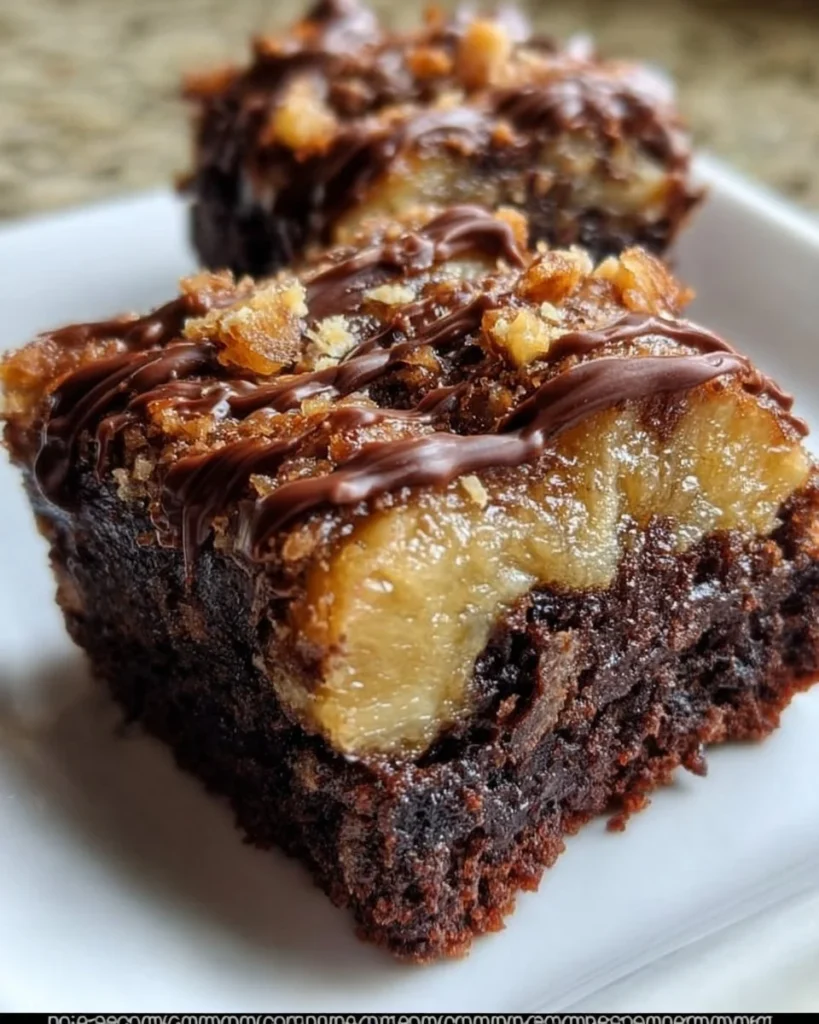 Plate of banana bread brownies topped with chocolate chips and banana slices