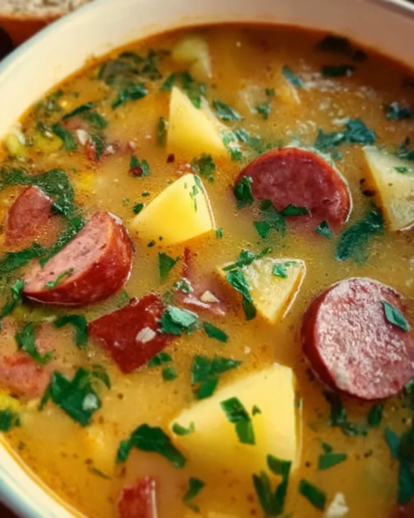 Bowl of Beef Kielbasa Potato Soup with herbs and spices
