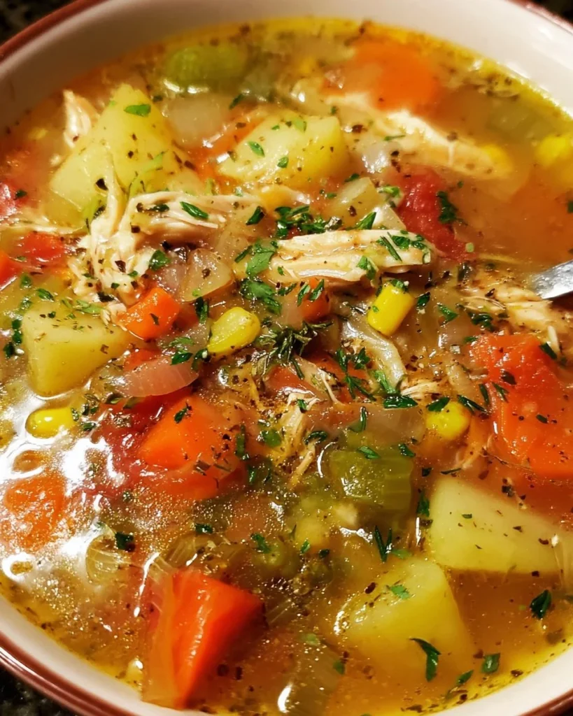 A bowl of best chicken vegetable soup filled with colorful vegetables and tender chicken.