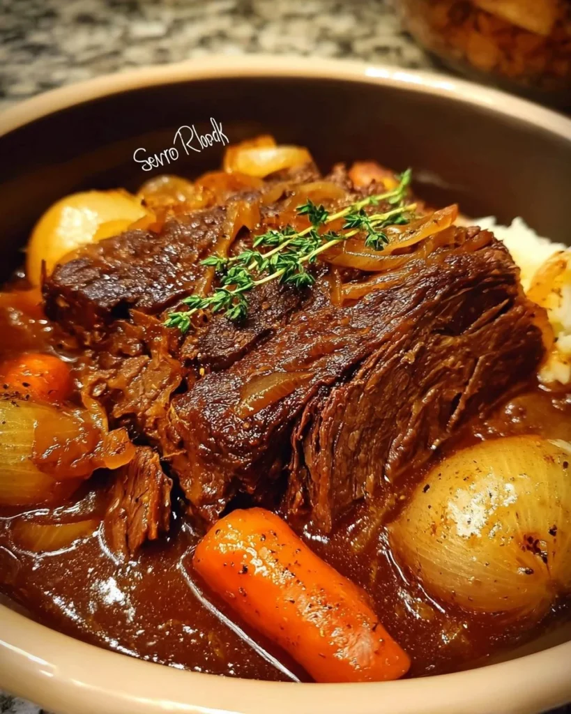 Delicious braised French onion beef roast served on a plate with garnish.