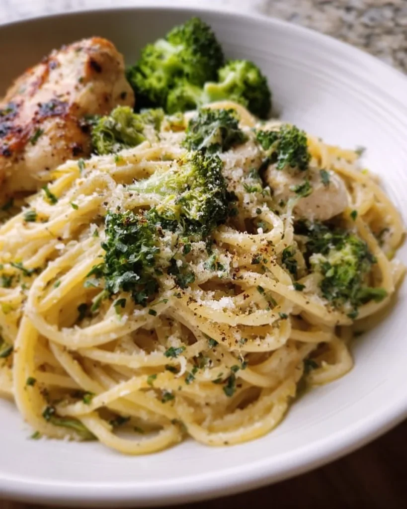 A bowl of Broccoli Chicken Spaghetti Pasta garnished with herbs and served hot.
