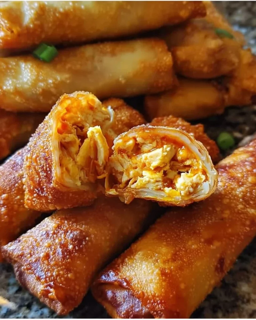 Crispy Buffalo Chicken Egg Rolls on a plate with dipping sauce.