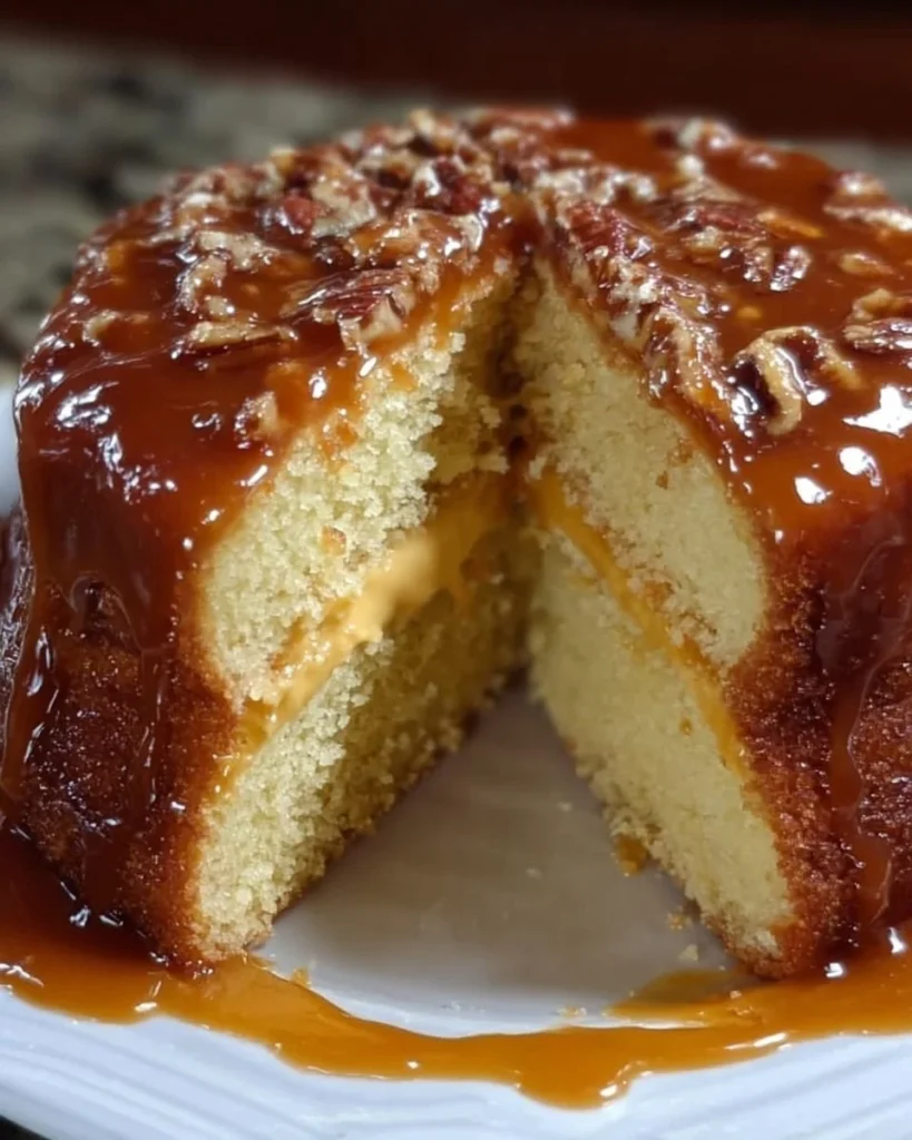 Delicious butter caramel cake topped with creamy caramel drizzle and frosting.
