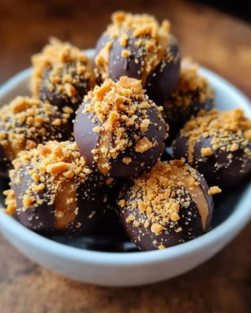 Delicious Butterfinger Balls made with creamy peanut butter and Butterfinger candy.
