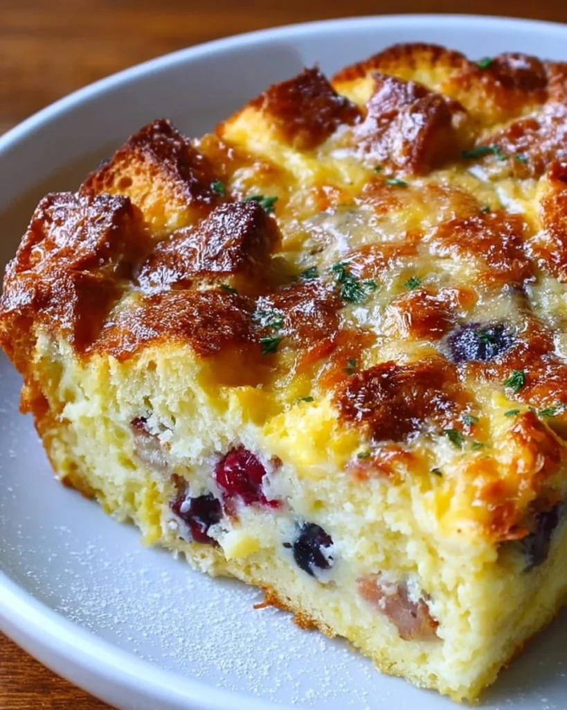 Buttery breakfast casserole fresh out of the oven, served on a plate.