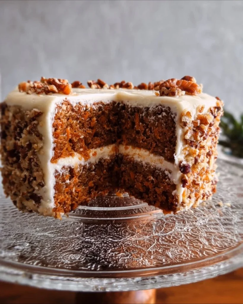 Delicious slice of homemade carrot cake topped with cream cheese frosting