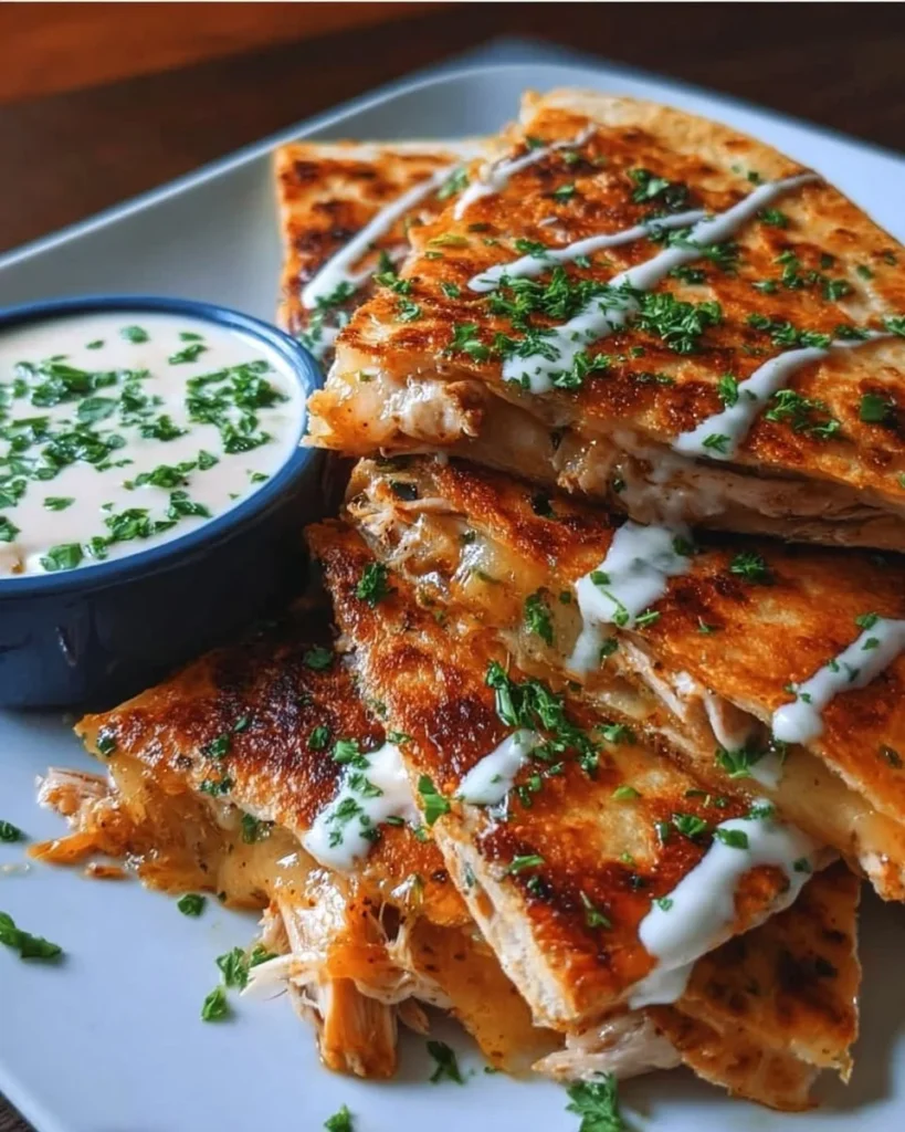 Cheesy hot honey chicken quesadillas served with spicy jalapeño cream sauce