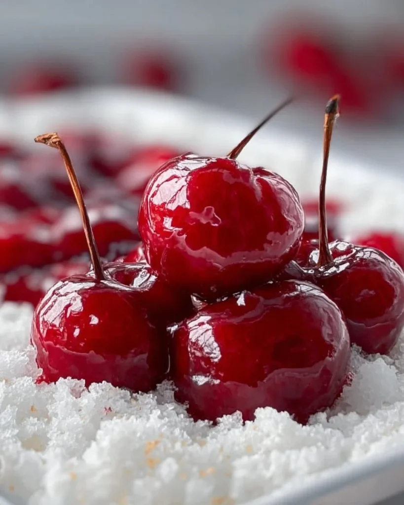 Cherries surrounded by snow, showcasing the contrast of vibrant fruit and winter scenery.