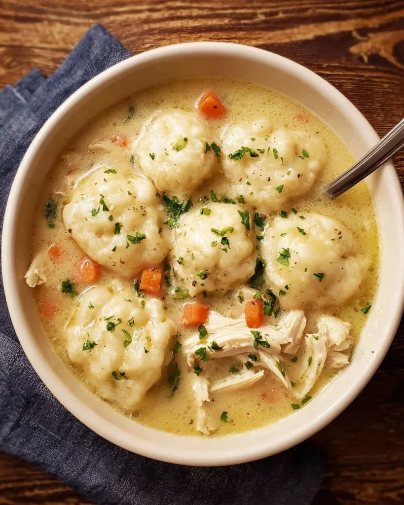 Delicious Chicken and Dumplings served in a bowl with fresh herbs