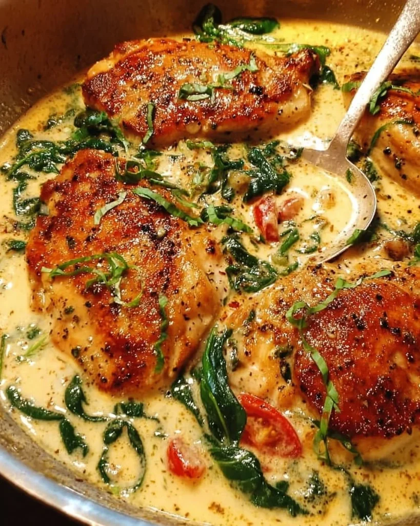 Delicious Chicken Florentine dish with spinach and creamy sauce.