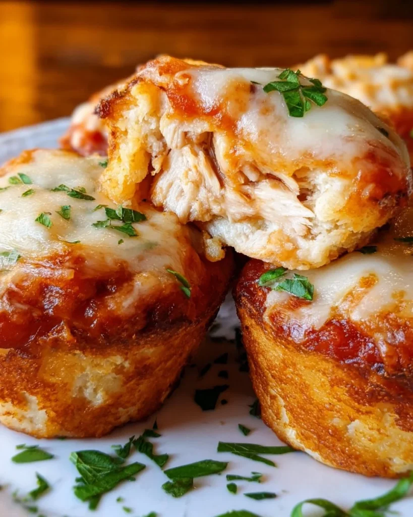 Delicious Chicken Parmesan Cups garnished with parsley on a wooden board.