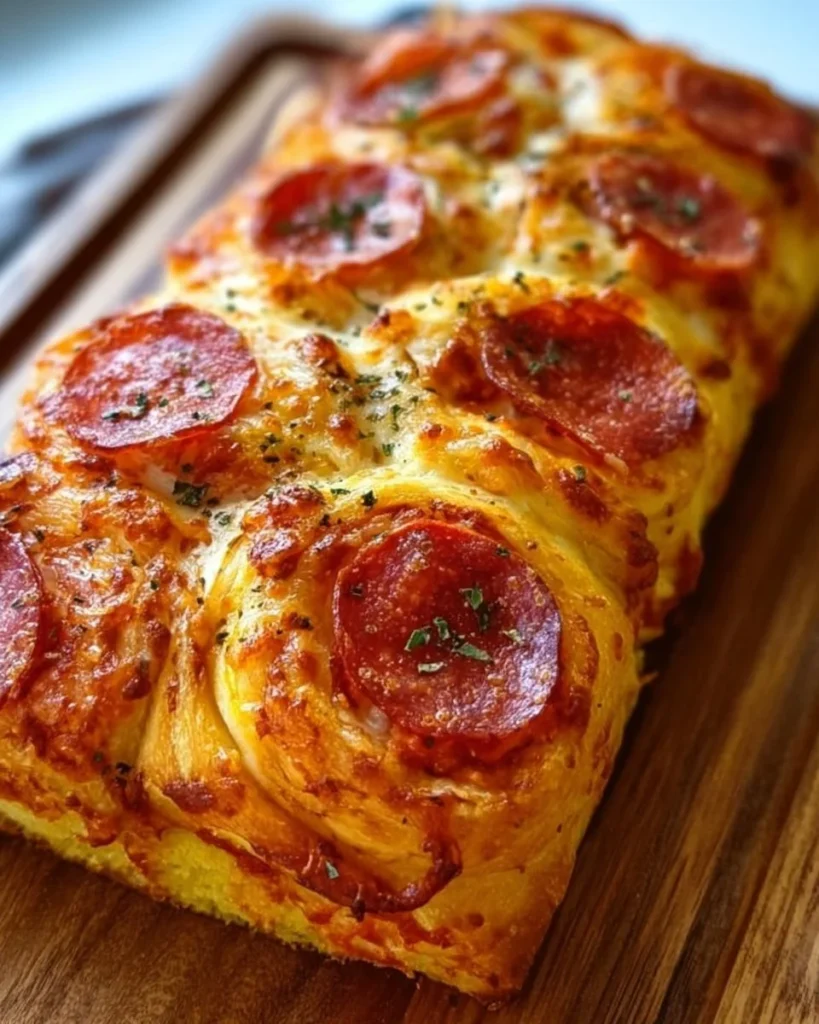 Sliced Chicken Pepperoni Bread on a wooden cutting board