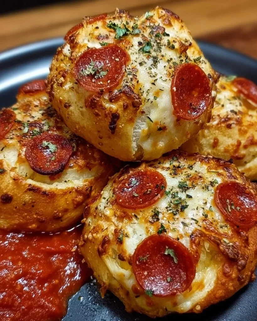 Chicken Pepperoni Pizza Bombs served on a platter with dipping sauce