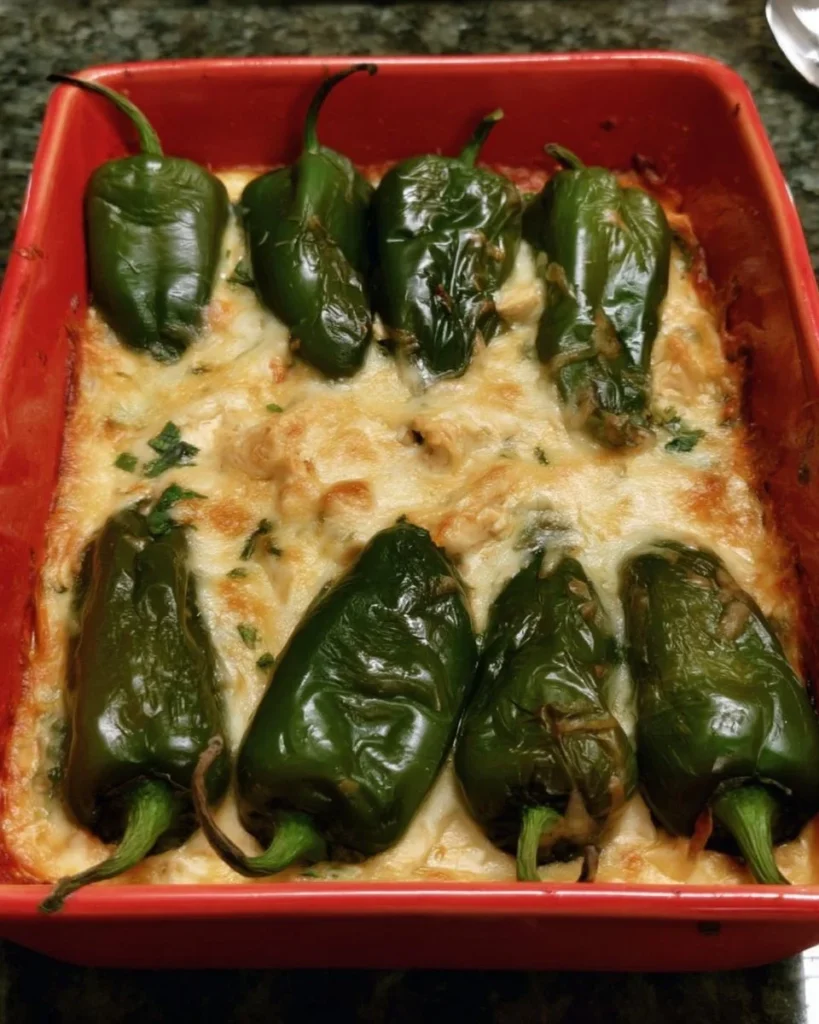 Delicious Chicken Poblano Casserole topped with cheese and poblano peppers