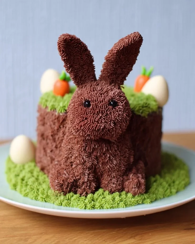 Delicious Chocolate Bunny Cake decorated with chocolate icing and bunny design