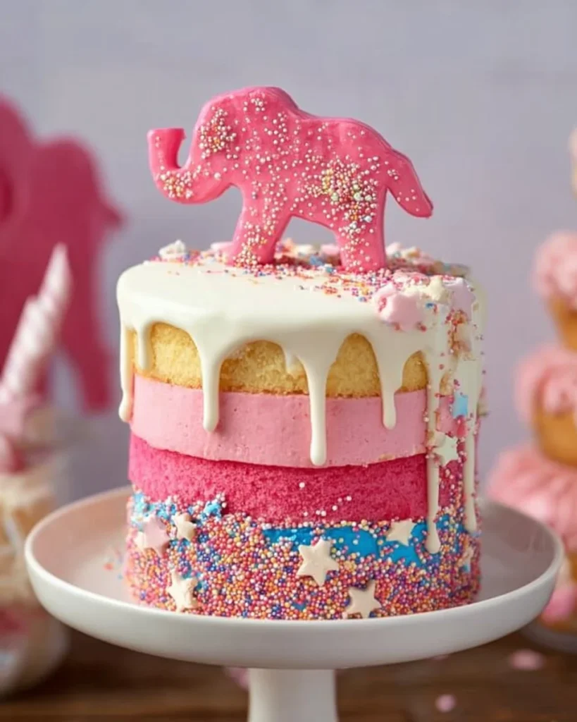 Colorful Circus Animal Layer Cake decorated with vibrant sprinkles and animal cookies.