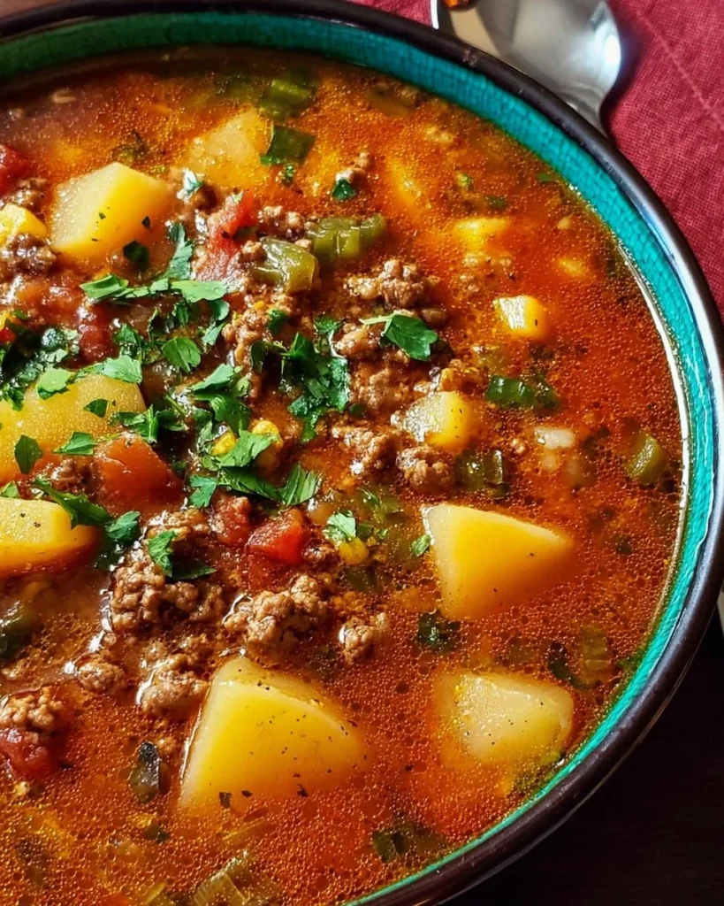 Bowl of comforting Mexican ground beef potato soup