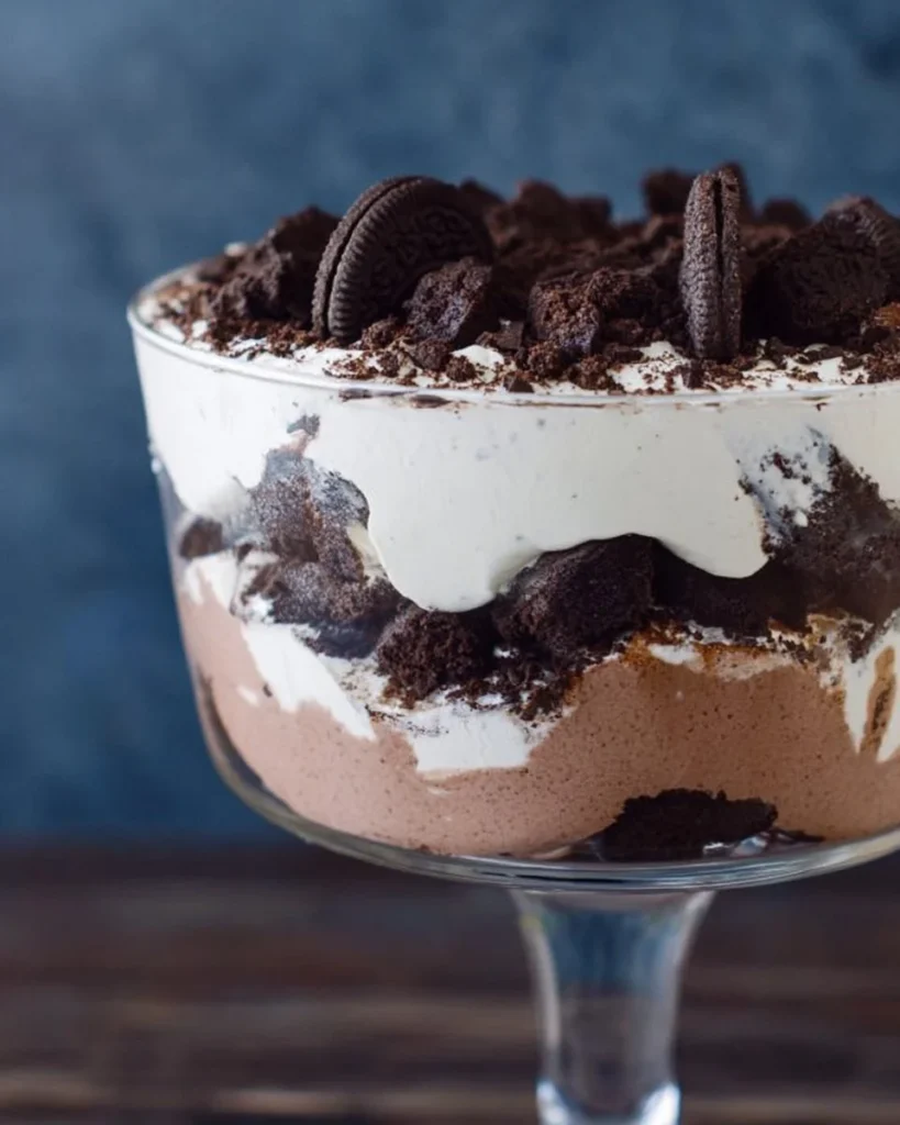 Delicious Cookies and Cream Brownie Trifle layered with rich brownies and creamy filling