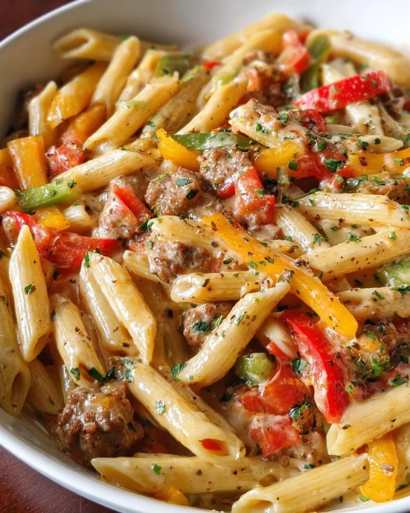 Creamy beef sausage pasta with peppers served in a bowl