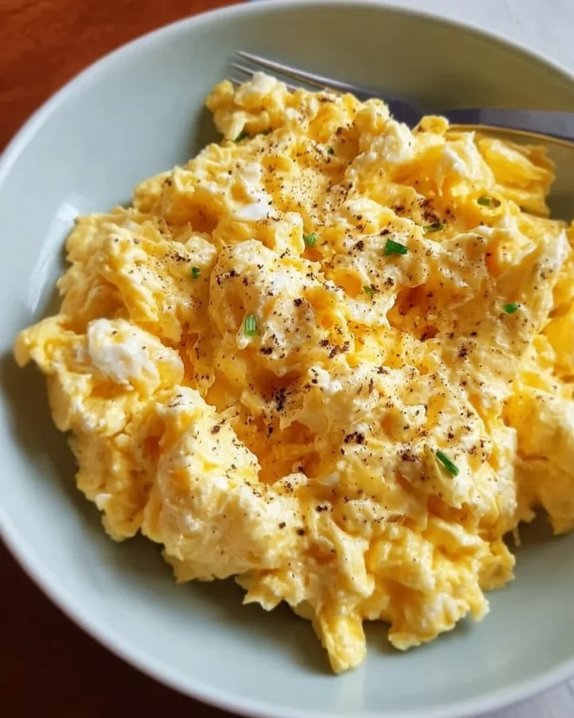 Delicious creamy cottage cheese scrambled eggs served on a plate