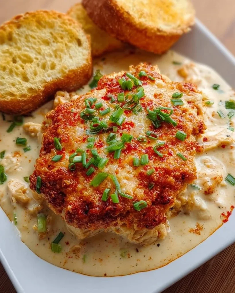 Bowl of creamy spicy chicken dip served with tortilla chips