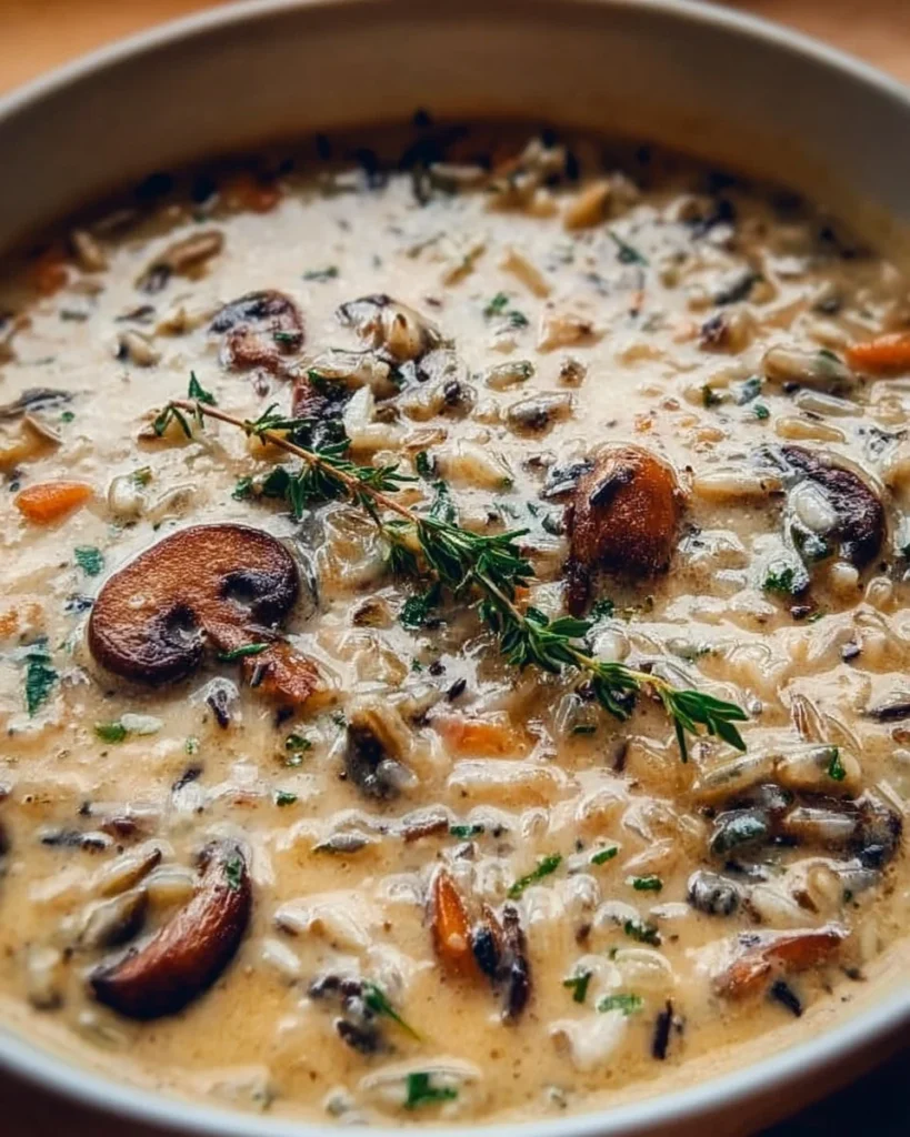 Creamy wild rice soup with mushrooms in a bowl, garnished with herbs.