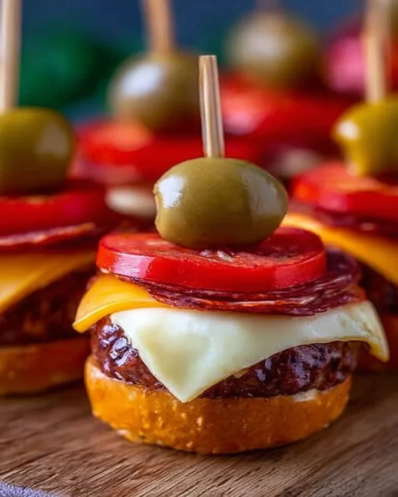 A variety of creative cheeseburger snacks displayed on a rustic wooden table.