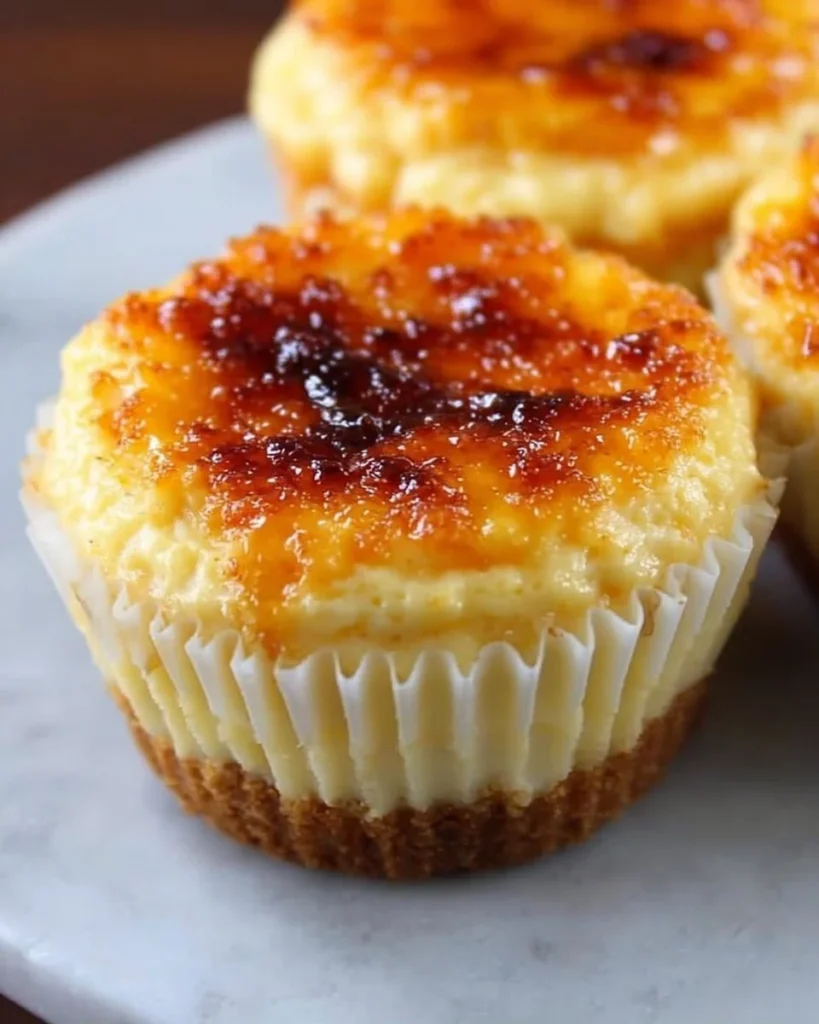 Delicious crème brûlée cheesecake cupcakes topped with caramelized sugar