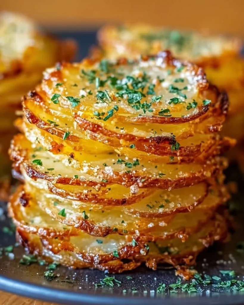 Crispy cheesy potato stacks served on a plate, garnished for flavor