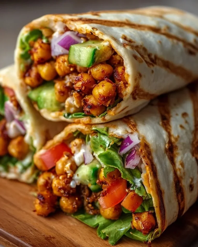 Crispy chickpea shawarma wraps with fresh veggies and sauce